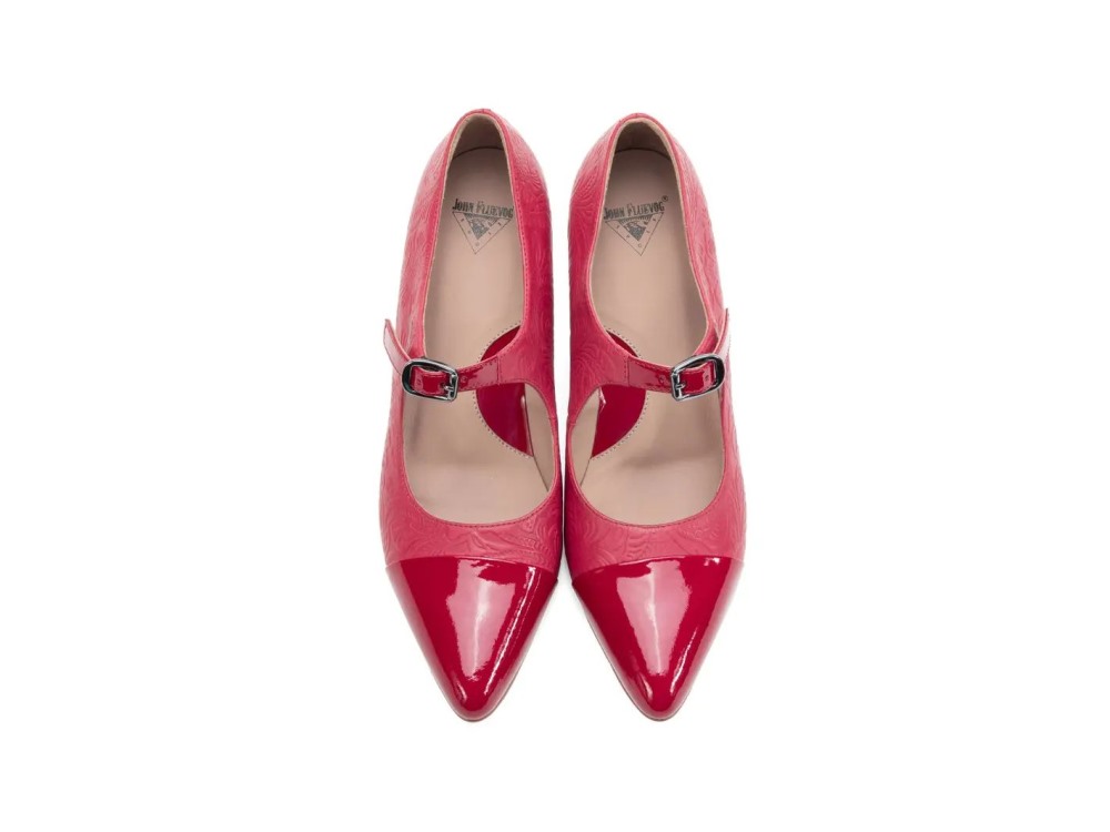 John Fluevog Shiloh - Red Emboss | Elegant Mary Jane Heels