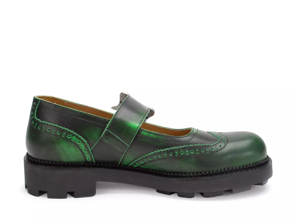 John Fluevog Gillian - Green | Brogue Mary Janes with Buckles