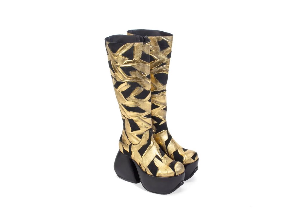 John Fluevog Strut - Black/Gold | Tall Platform Boots