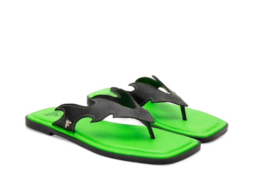 John Fluevog Lounger Lizard - Black/Green | Edgy Flat Sandals