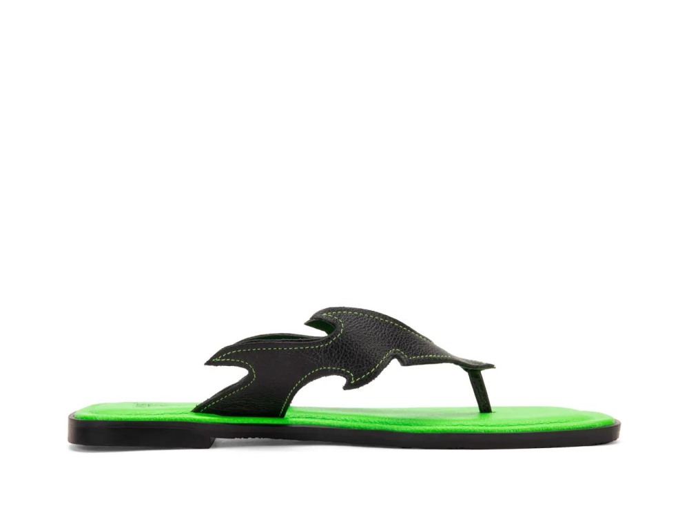 John Fluevog Lounger Lizard - Black/Green | Edgy Flat Sandals