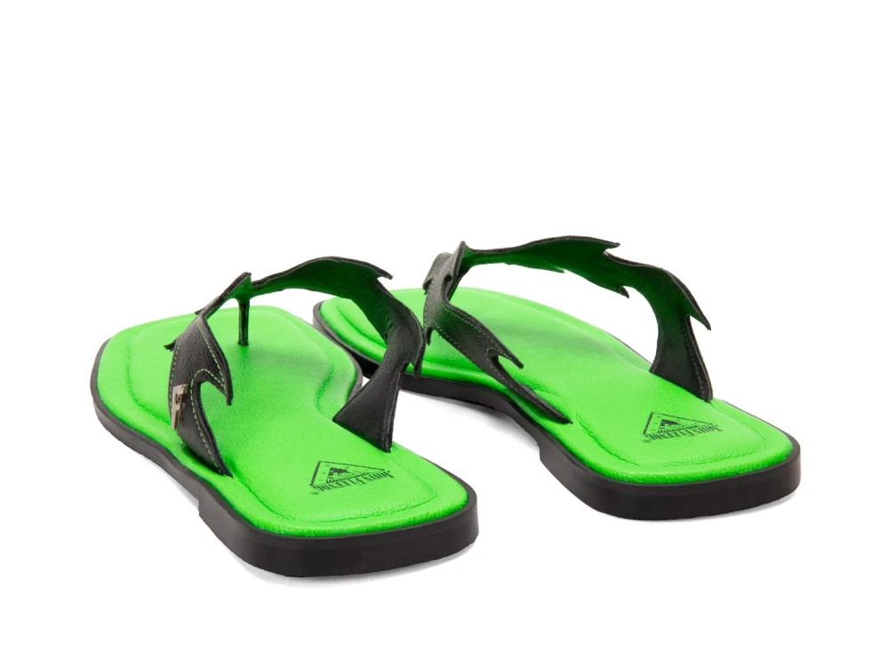 John Fluevog Lounger Lizard - Black/Green | Edgy Flat Sandals