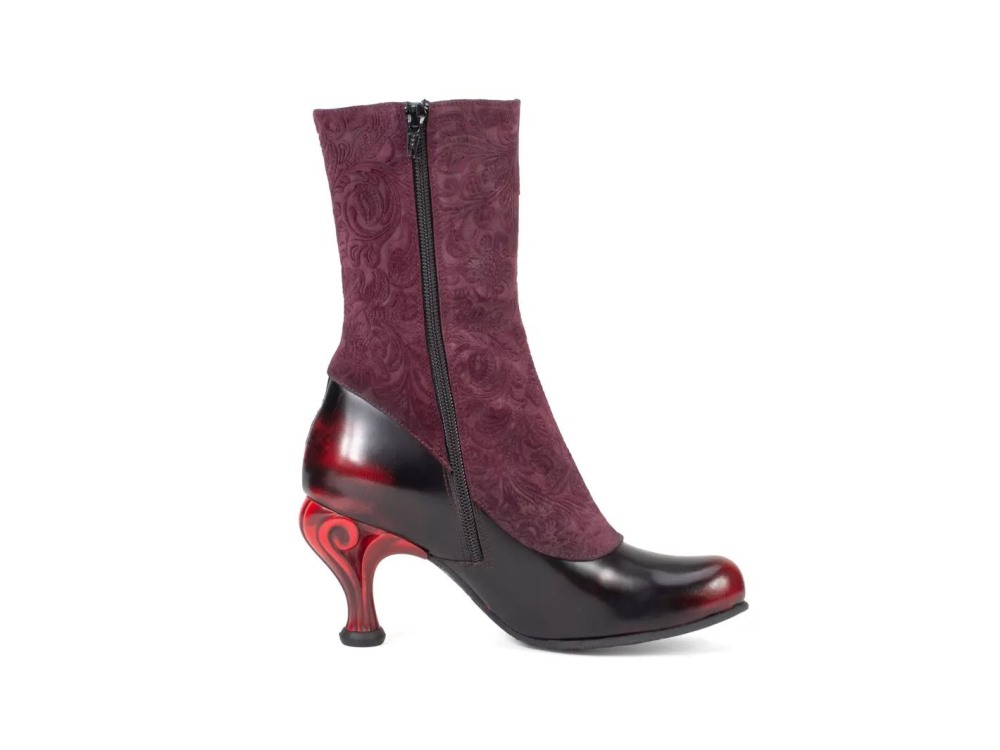 John Fluevog Belinda - Burgundy | Zip-Up Mid-Calf Boots with Buttons