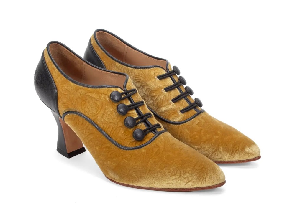 John Fluevog Mara - Gold Velvet | Sophisticated Heels with Buttons