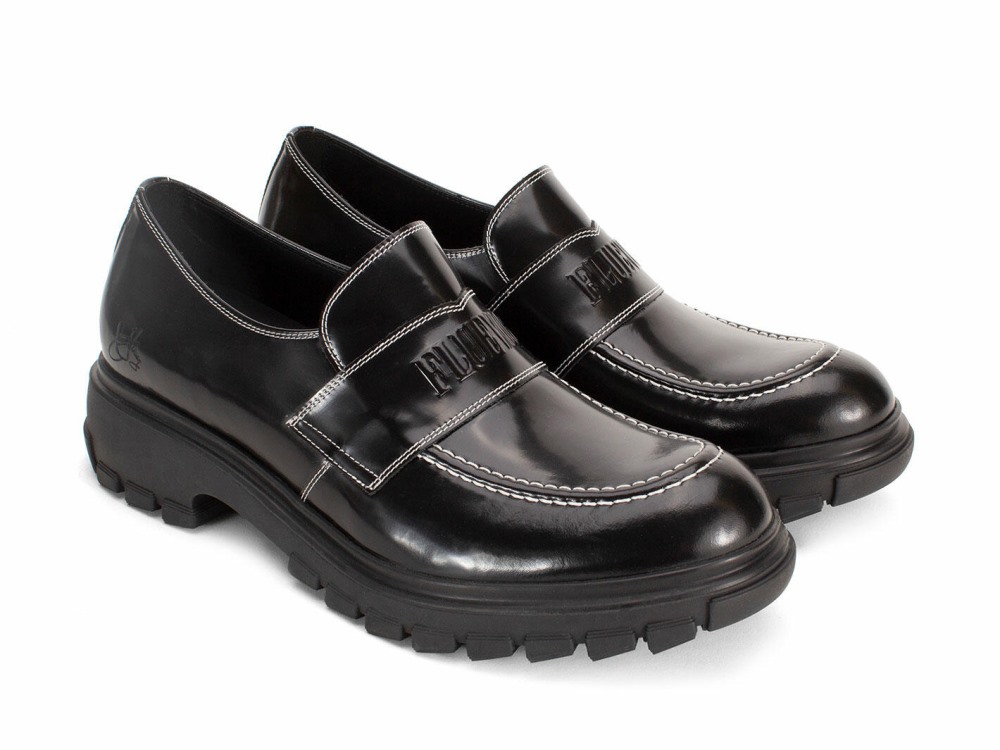 John Fluevog Linggo - Black | Leather Loafers with Molded Logo
