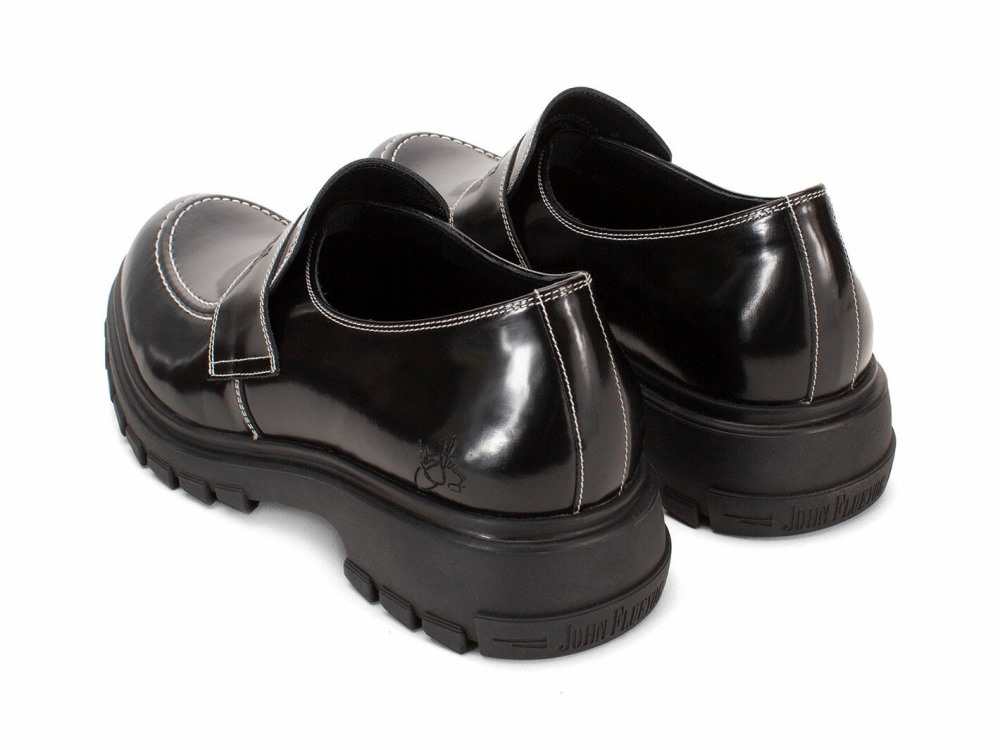 John Fluevog Linggo - Black | Leather Loafers with Molded Logo
