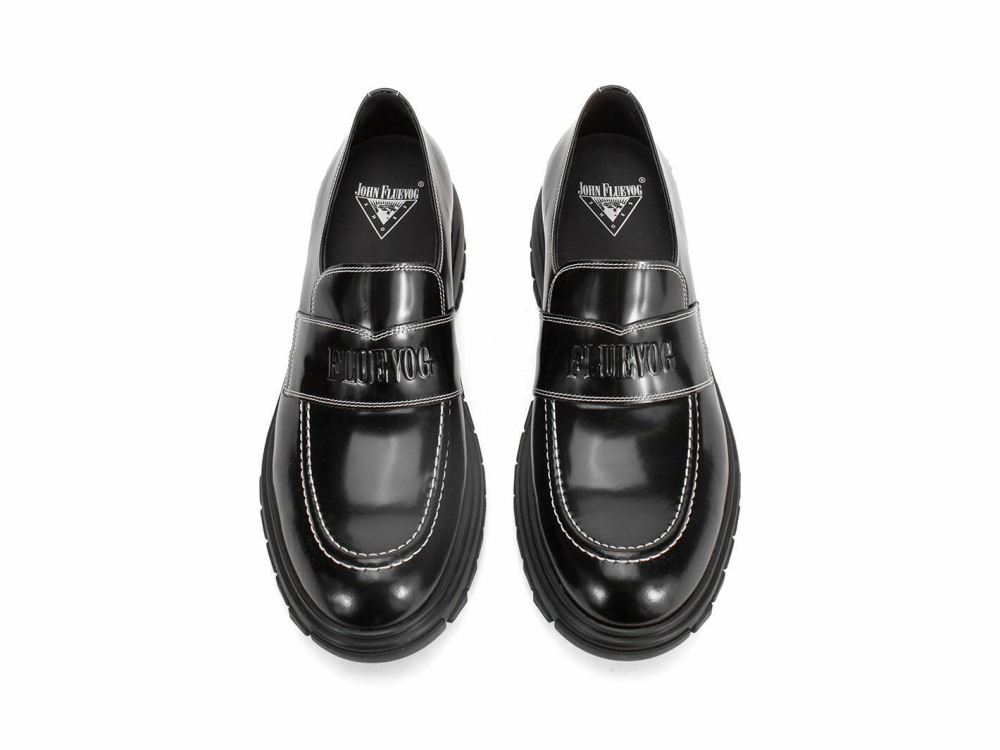 John Fluevog Linggo - Black | Leather Loafers with Molded Logo