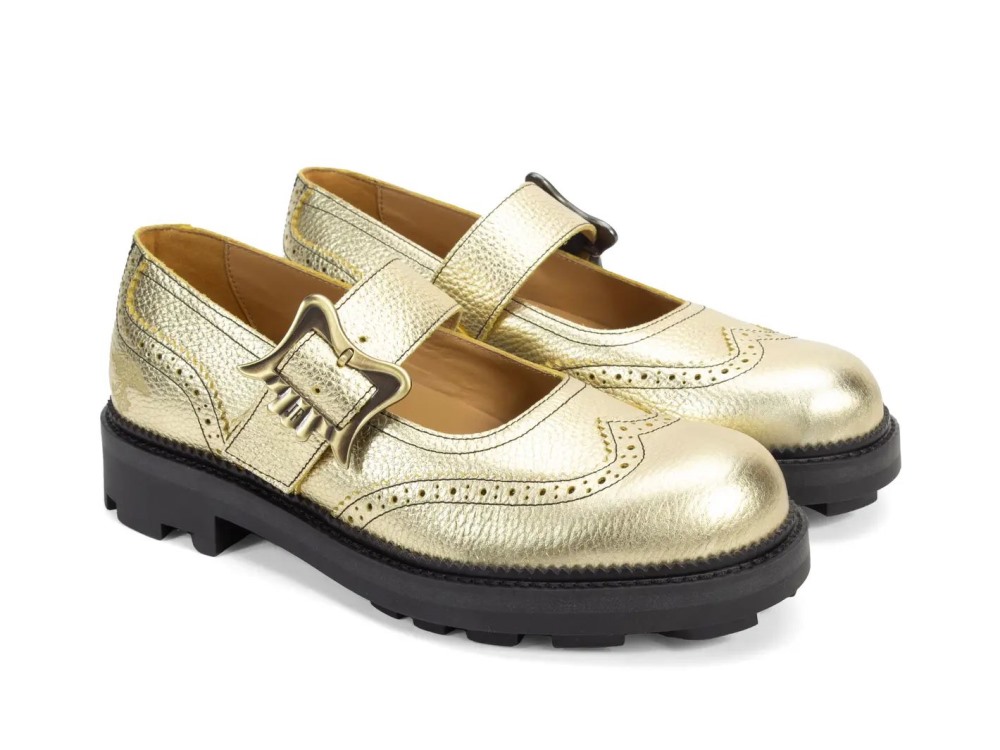 John Fluevog Gillian - Pebbled Gold | Brogue Mary Janes with Buckles