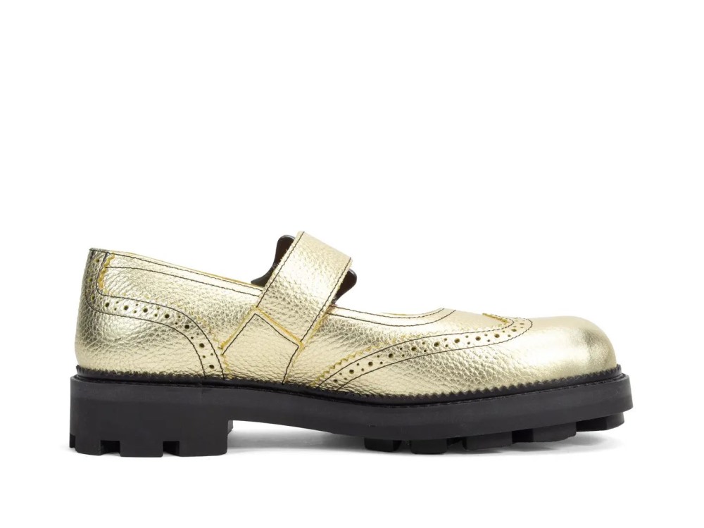 John Fluevog Gillian - Pebbled Gold | Brogue Mary Janes with Buckles