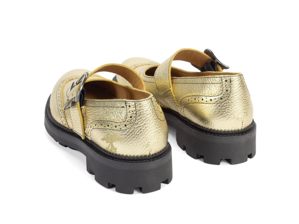 John Fluevog Gillian - Pebbled Gold | Brogue Mary Janes with Buckles