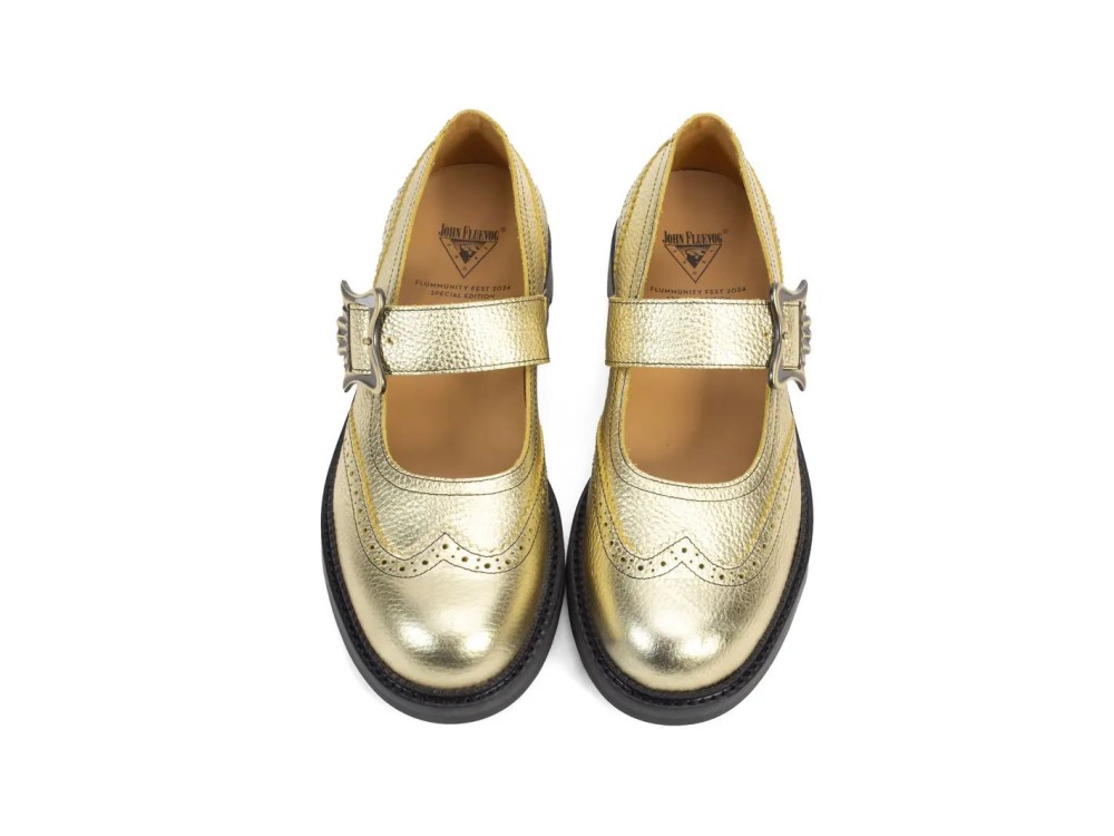 John Fluevog Gillian - Pebbled Gold | Brogue Mary Janes with Buckles
