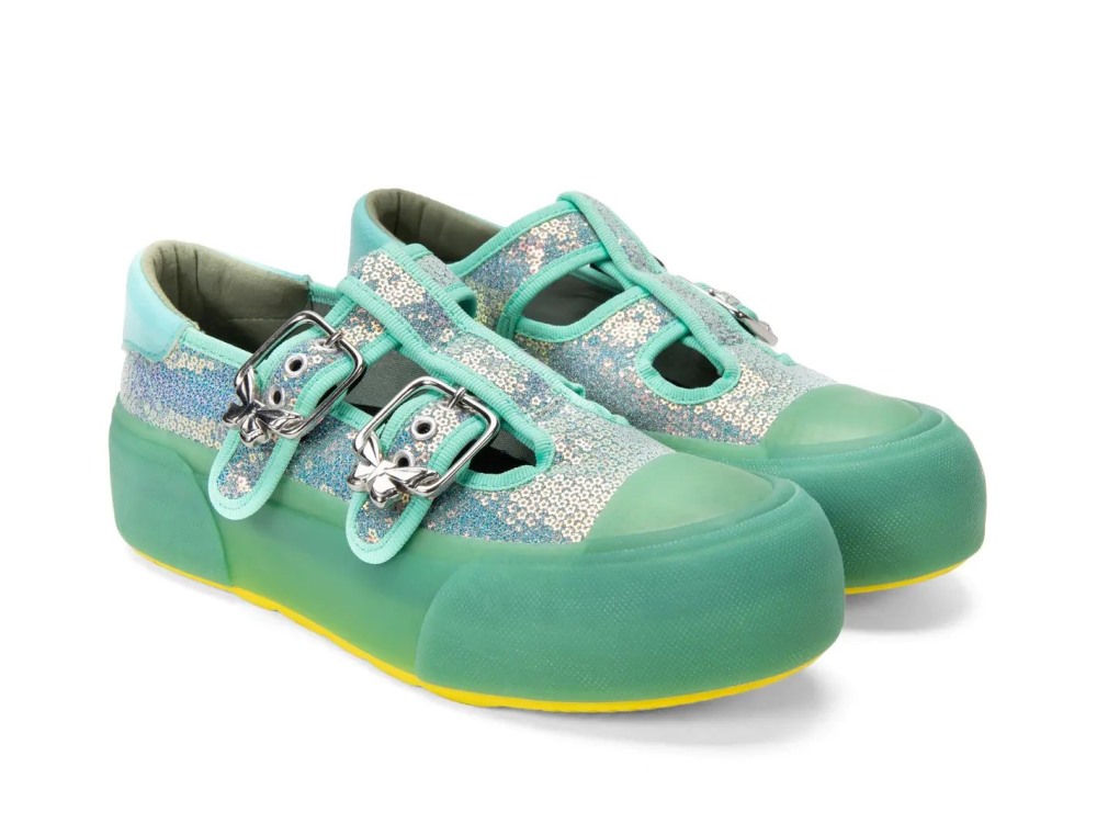 John Fluevog Lancing - Green Sequin Vegan | Double T-Strap Shoes