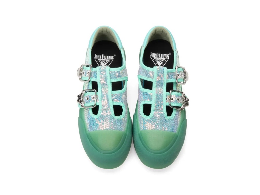 John Fluevog Lancing - Green Sequin Vegan | Double T-Strap Shoes