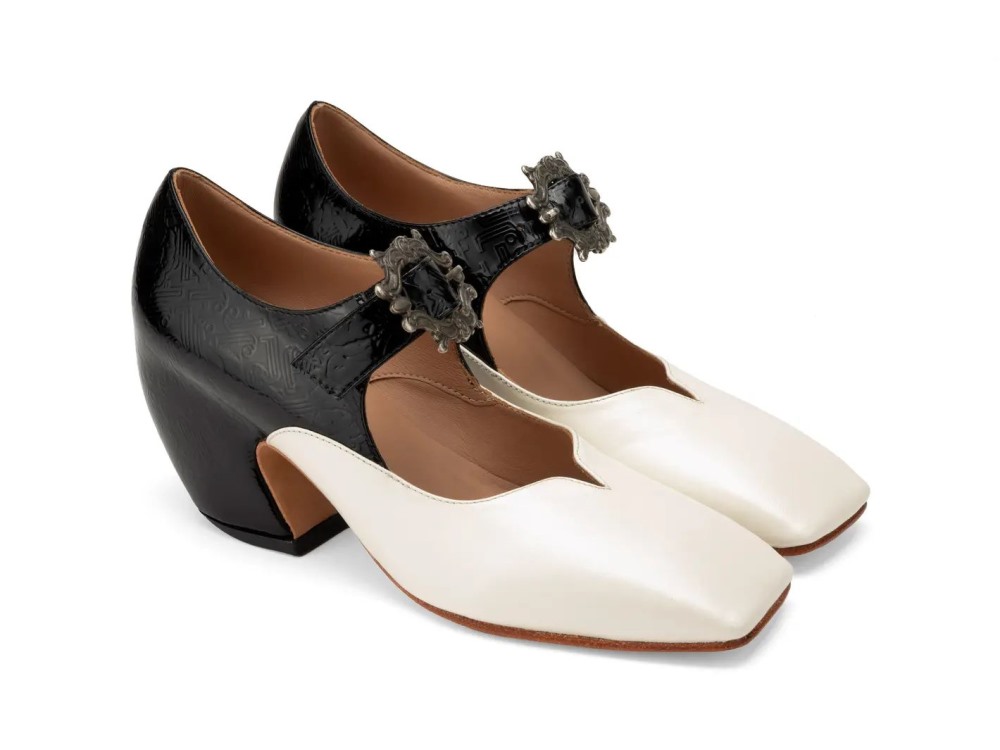 John Fluevog Bev - Cream/Black | Mary Jane Heels