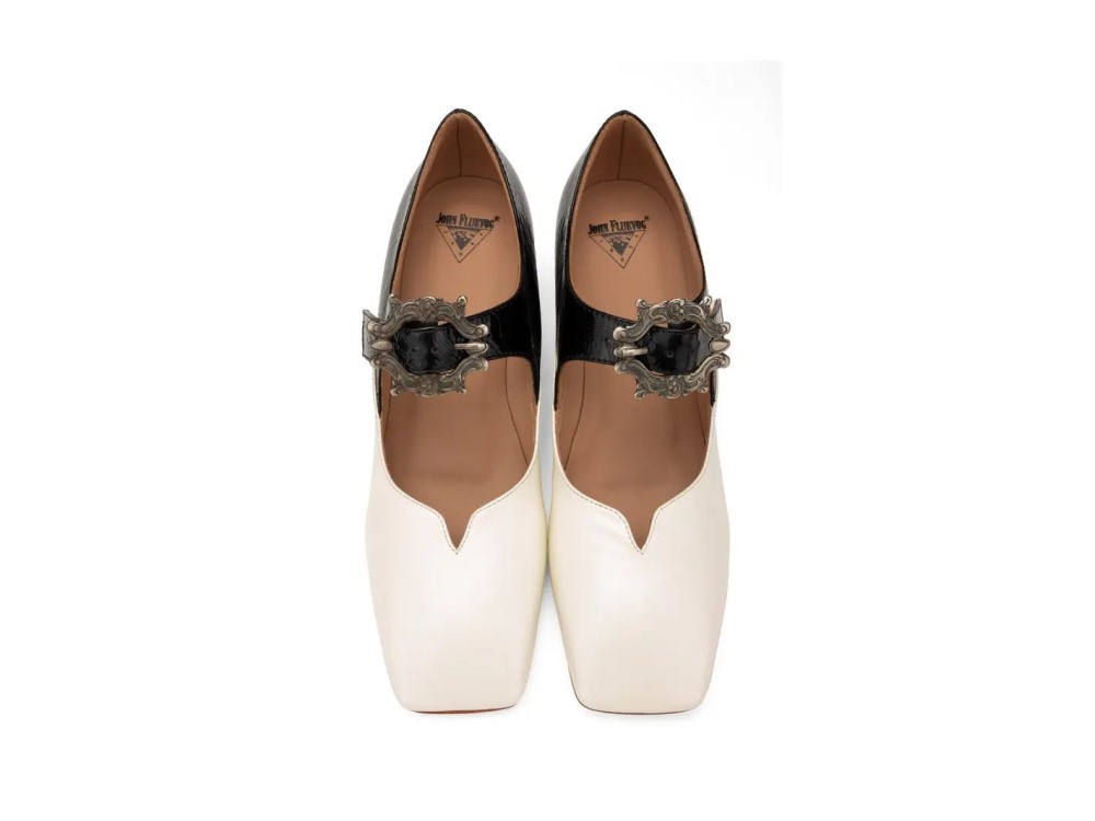 John Fluevog Bev - Cream/Black | Mary Jane Heels