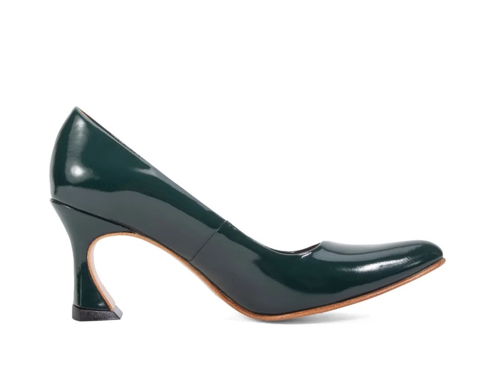 John Fluevog Desmond - Evergreen Patent | Angular Mid Heel Pumps