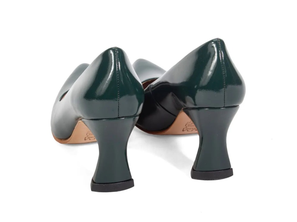 John Fluevog Desmond - Evergreen Patent | Angular Mid Heel Pumps