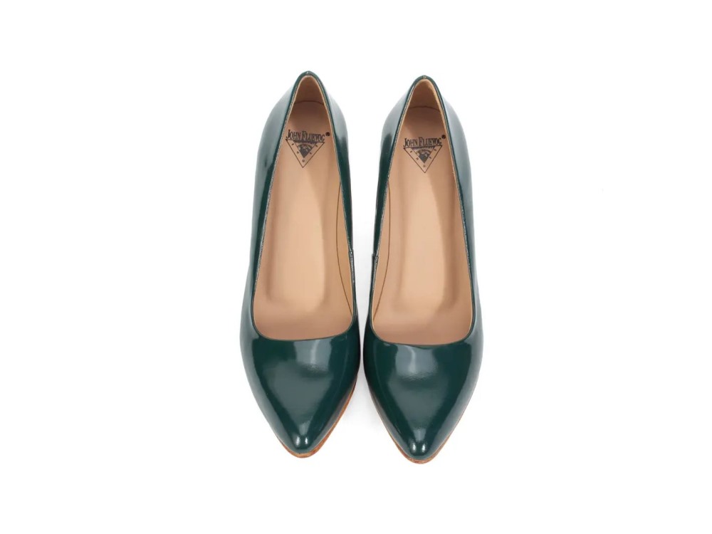 John Fluevog Desmond - Evergreen Patent | Angular Mid Heel Pumps