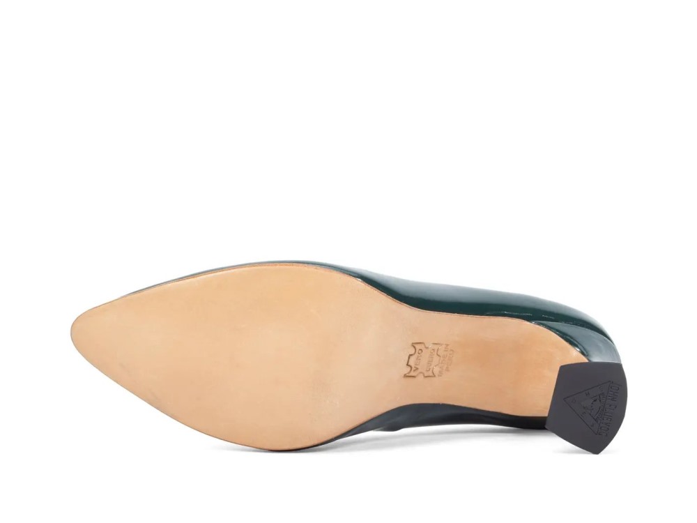 John Fluevog Desmond - Evergreen Patent | Angular Mid Heel Pumps