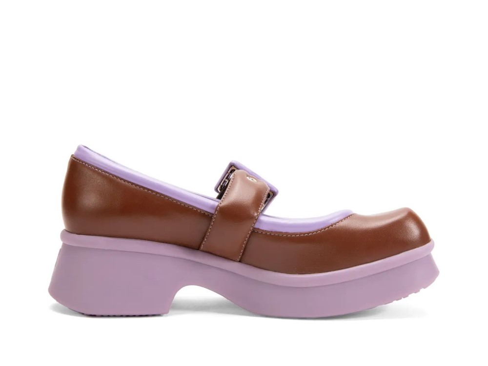 John Fluevog Delight - Brown/Purple | Classic Mary Janes with Puffy Strap