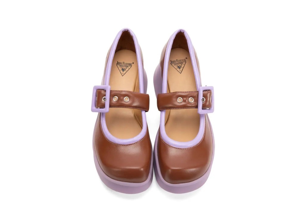 John Fluevog Delight - Brown/Purple | Classic Mary Janes with Puffy Strap