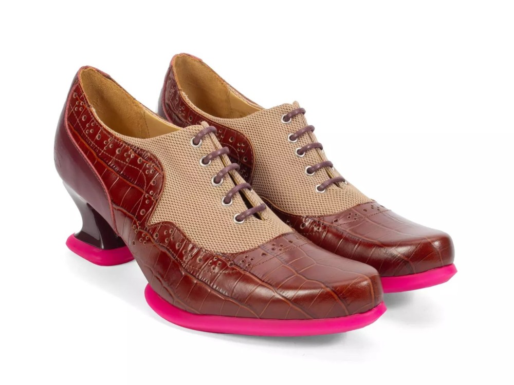 John Fluevog Hatha - Brown/Pink | Lace-Up Heels with Mesh