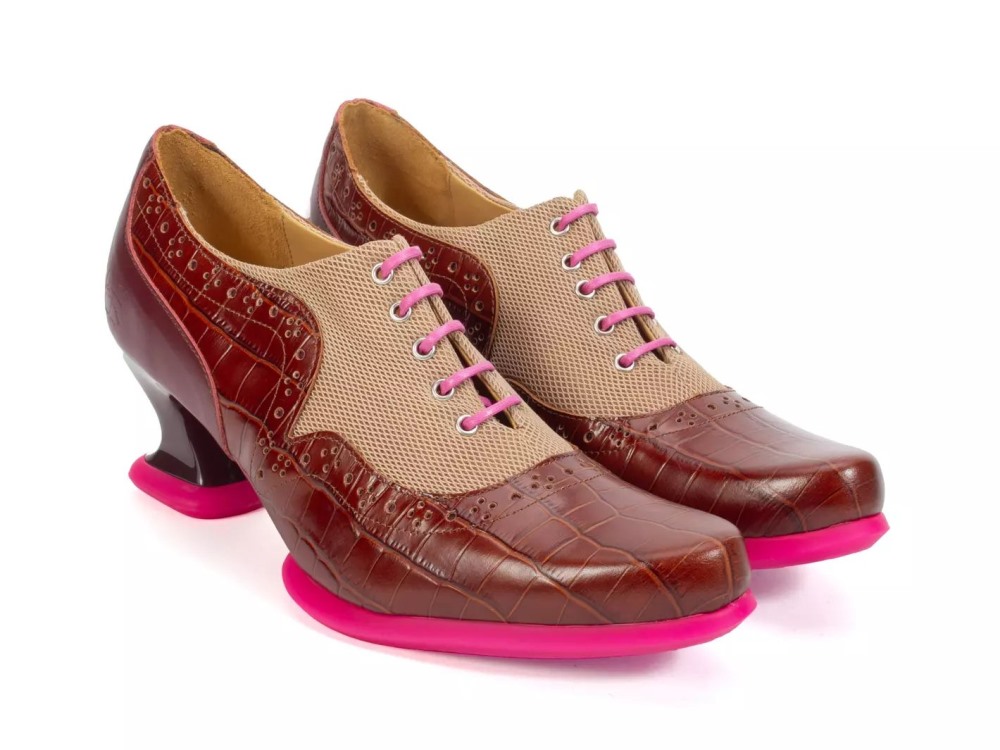 John Fluevog Hatha - Brown/Pink | Lace-Up Heels with Mesh