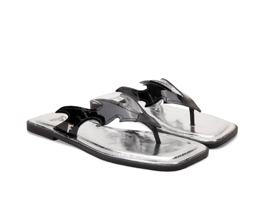 John Fluevog Lounger Lizard - Black/Silver | Edgy Flat Sandals