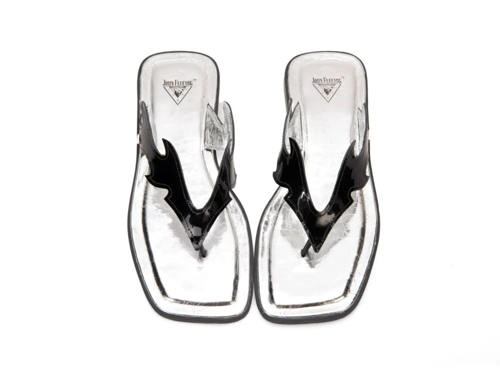 John Fluevog Lounger Lizard - Black/Silver | Edgy Flat Sandals