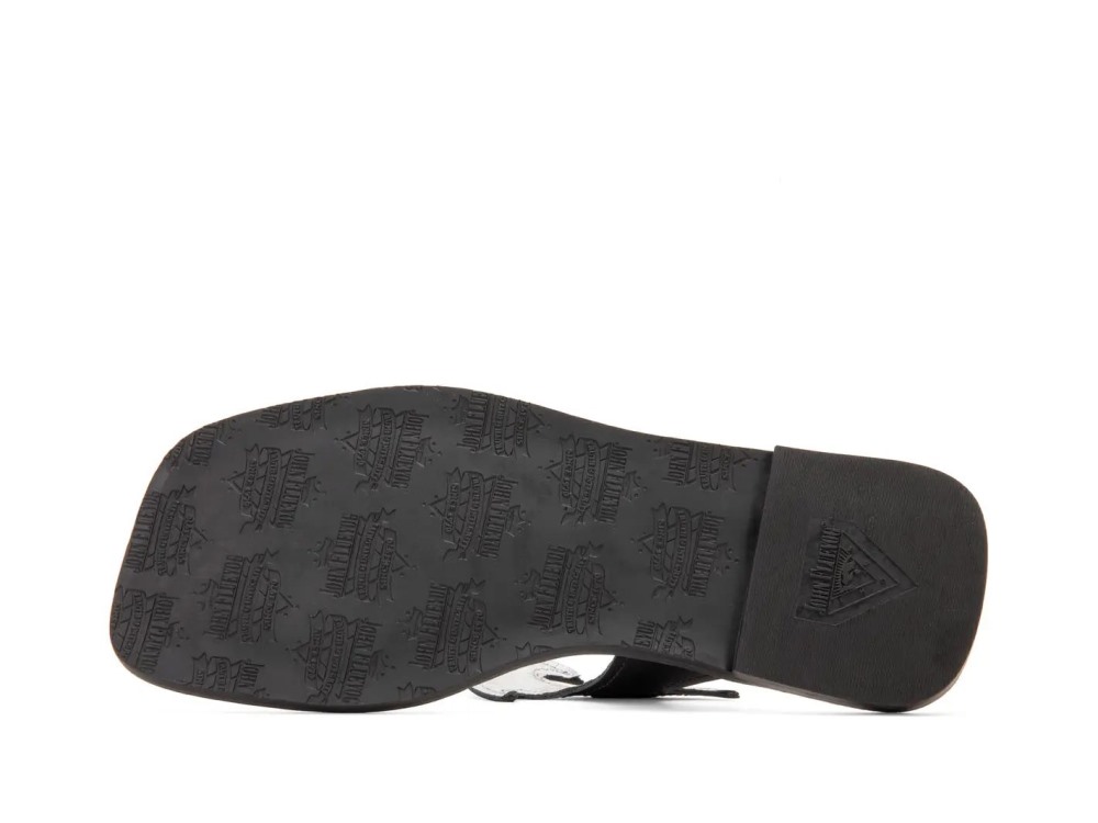 John Fluevog Lounger Lizard - Black/Silver | Edgy Flat Sandals