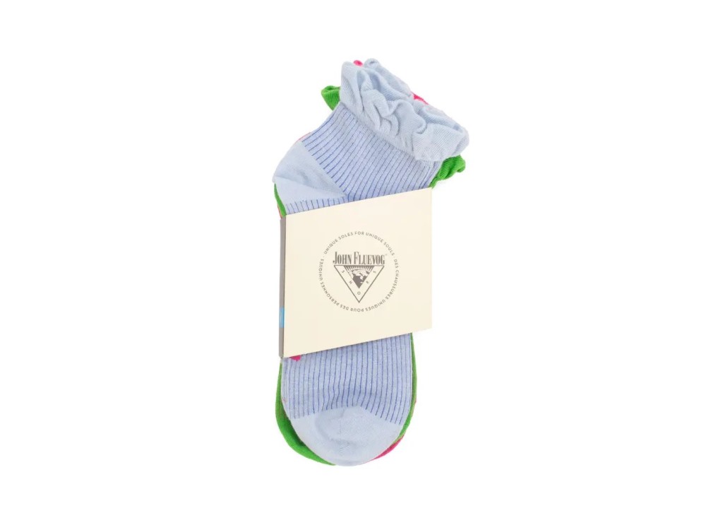 John Fluevog Callie Vog Socks (3-Pack) - Light Green/Blue/Pink | 3-pack ruffle ankle sock