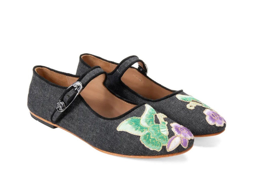 John Fluevog Pirouette - Black Denim | Mary Jane Ballet Flats