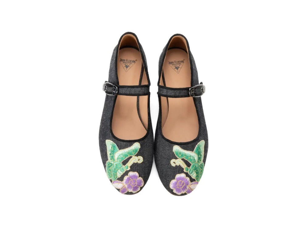 John Fluevog Pirouette - Black Denim | Mary Jane Ballet Flats
