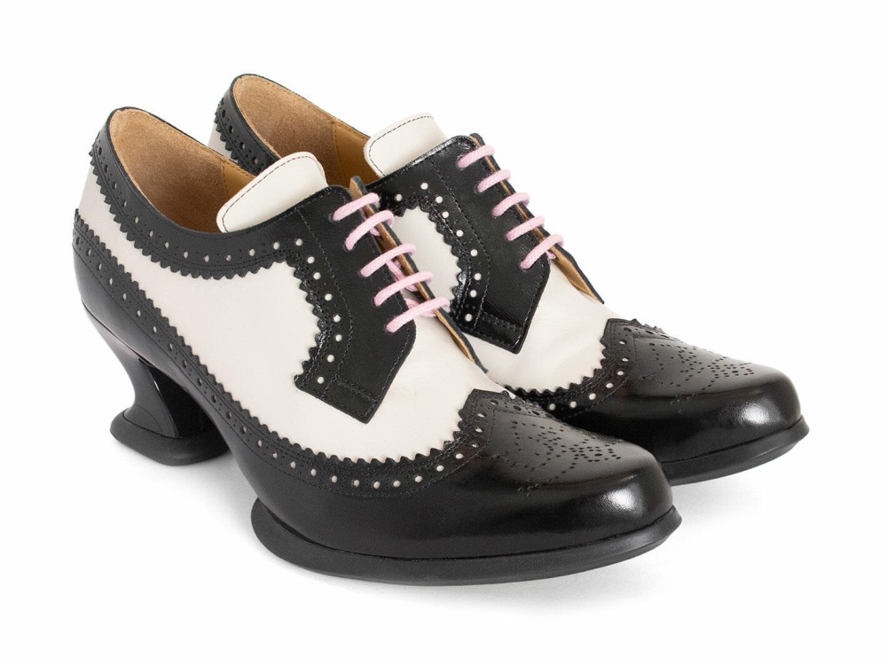 John Fluevog Dr. Gunter - Black/Beige | Brogue Lace-Up Heels