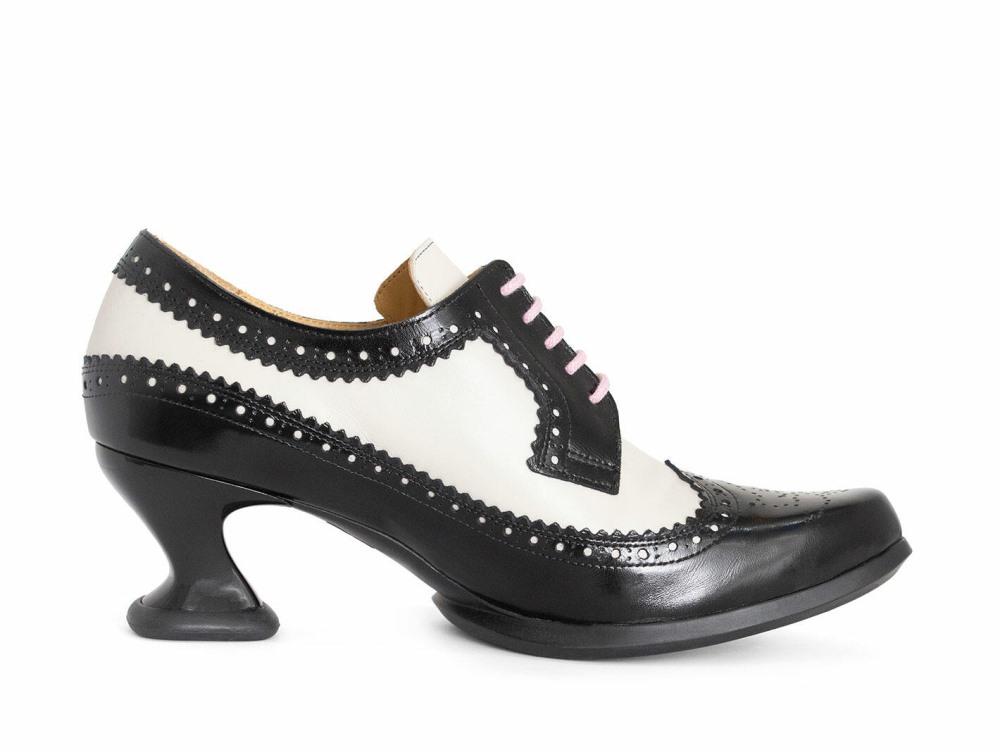 John Fluevog Dr. Gunter - Black/Beige | Brogue Lace-Up Heels
