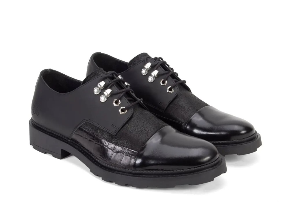 John Fluevog Quinn - Black | Multi-Textured Lace-Up Shoes