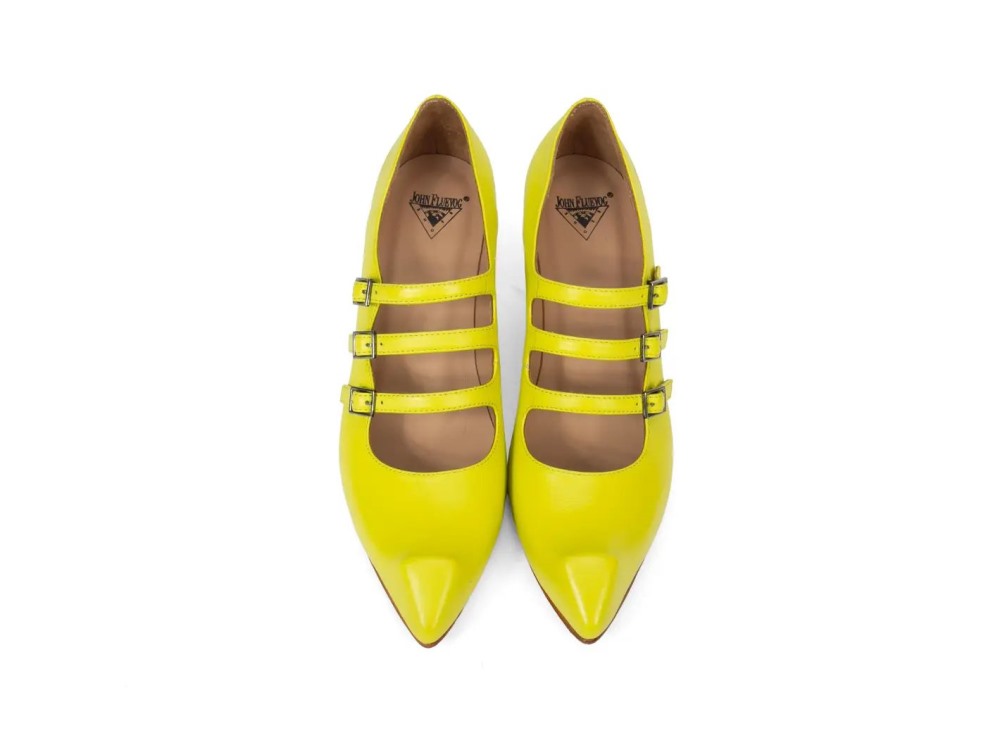 John Fluevog Bach - Neon Yellow | Triple-Strap Mary Jane Heels