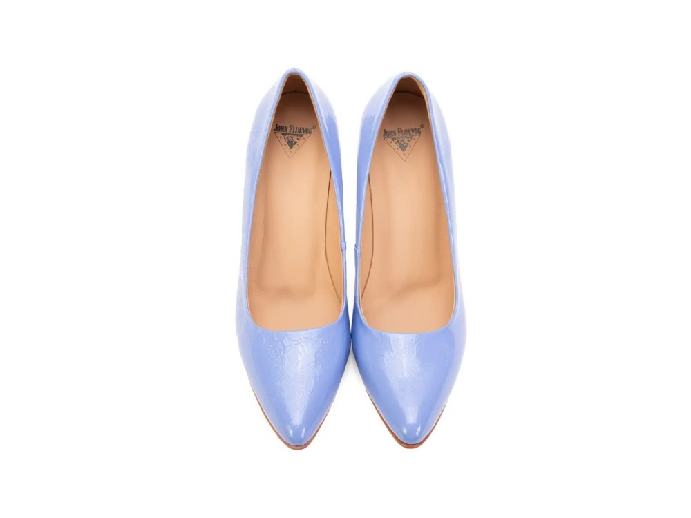 John Fluevog Desmond - Blue Emboss | Angular Mid Heel Pumps