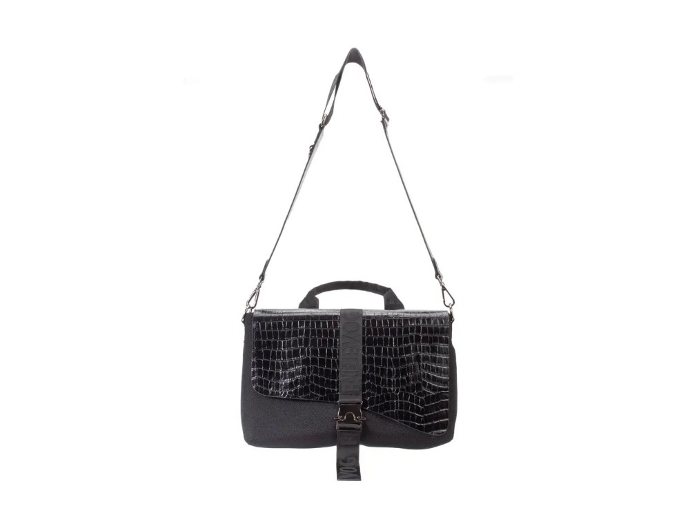 John Fluevog Jude - Black Croc | Sporty crossbody bag with handle