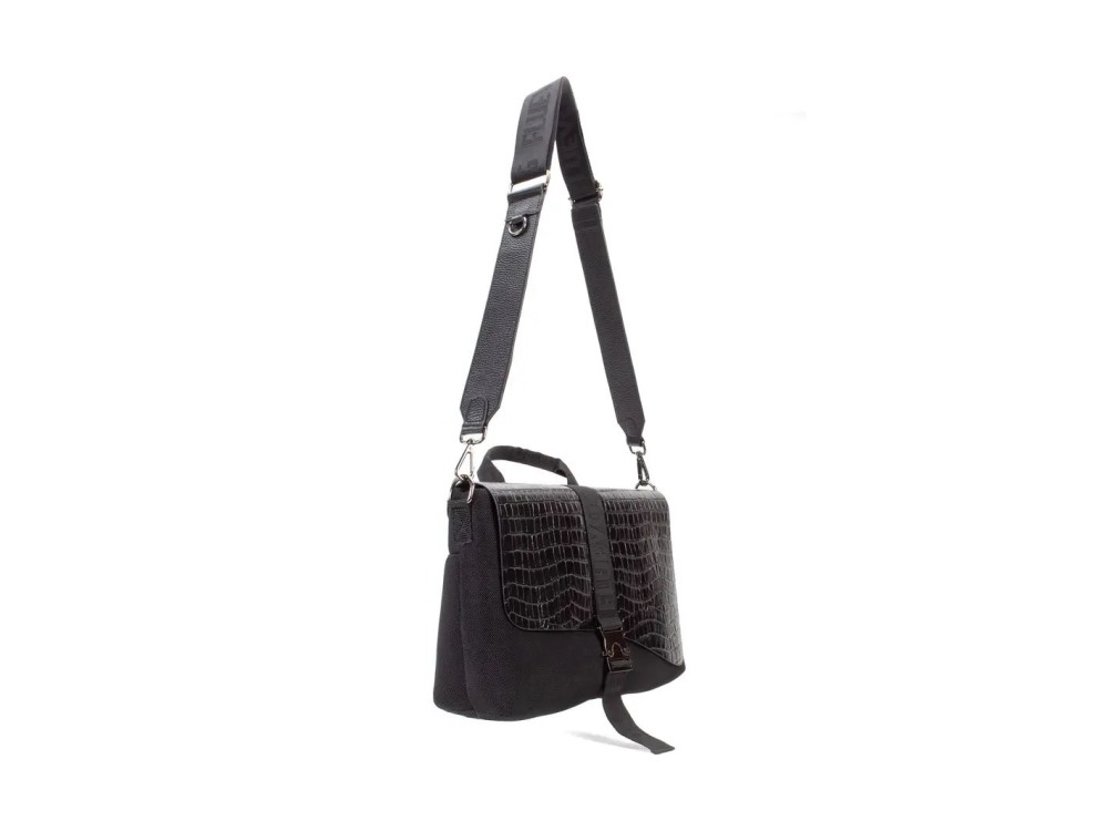 John Fluevog Jude - Black Croc | Sporty crossbody bag with handle