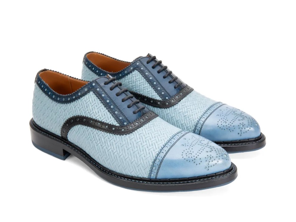 John Fluevog Edda - Weave Black/Blue | Leather Pointed Toe Brogue Oxfords