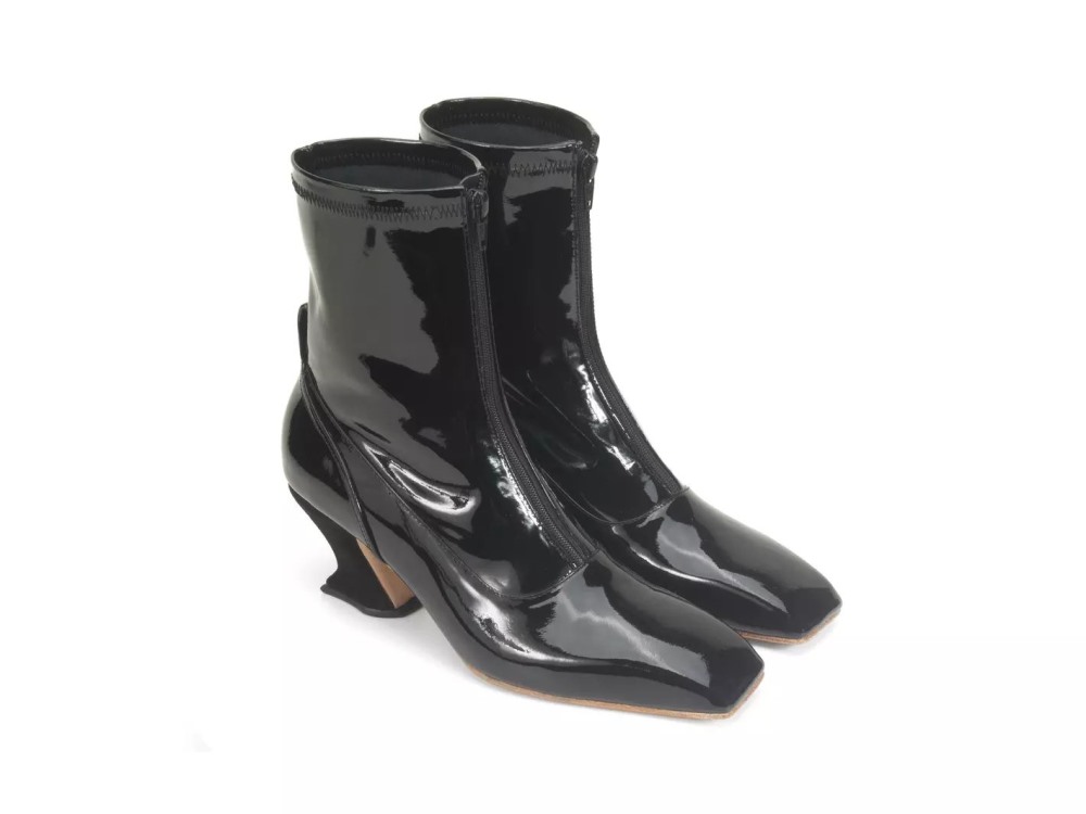 John Fluevog Countess - Black Patent | Front-Zip Booties