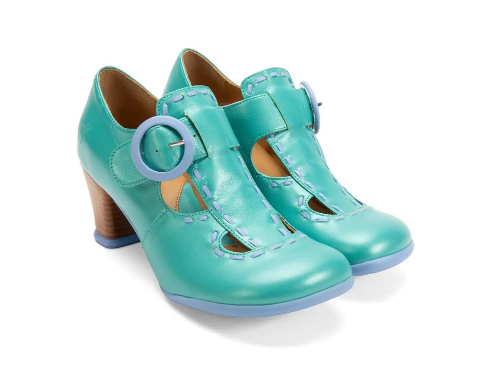John Fluevog Lise - Green Iridescent | Vintage-Style T-Strap Heels