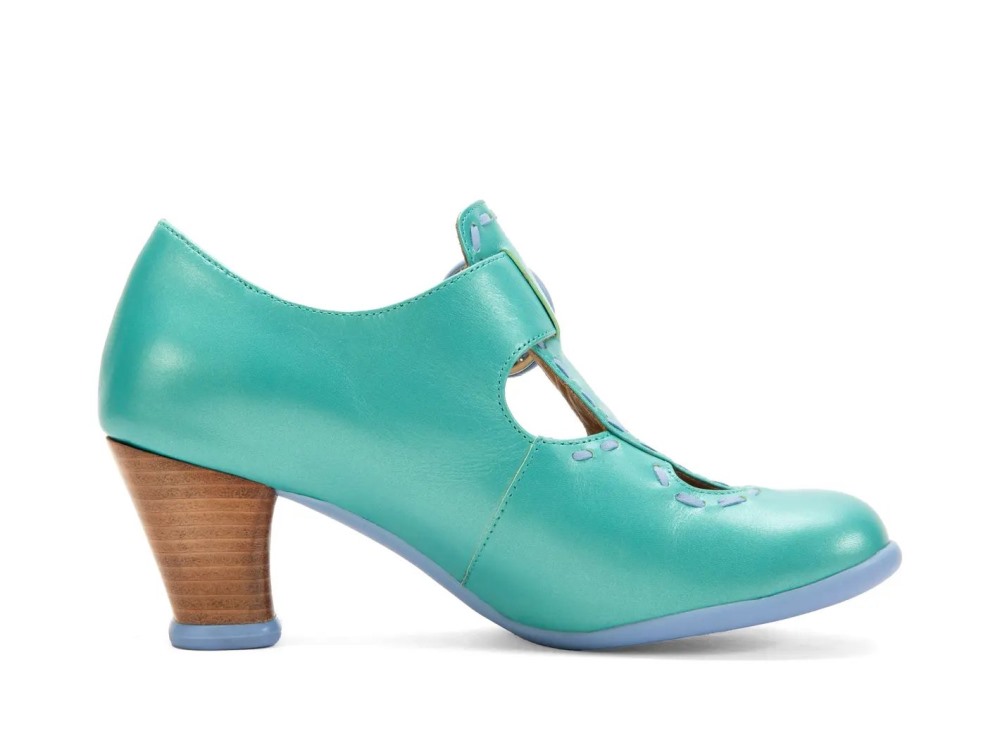 John Fluevog Lise - Green Iridescent | Vintage-Style T-Strap Heels