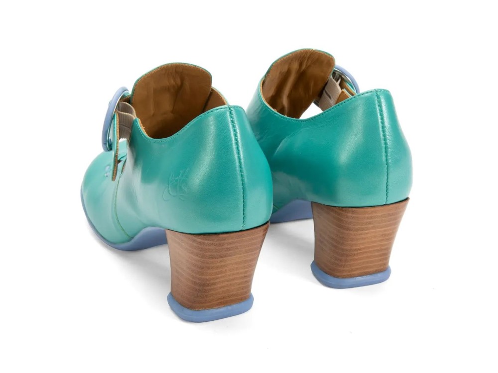 John Fluevog Lise - Green Iridescent | Vintage-Style T-Strap Heels