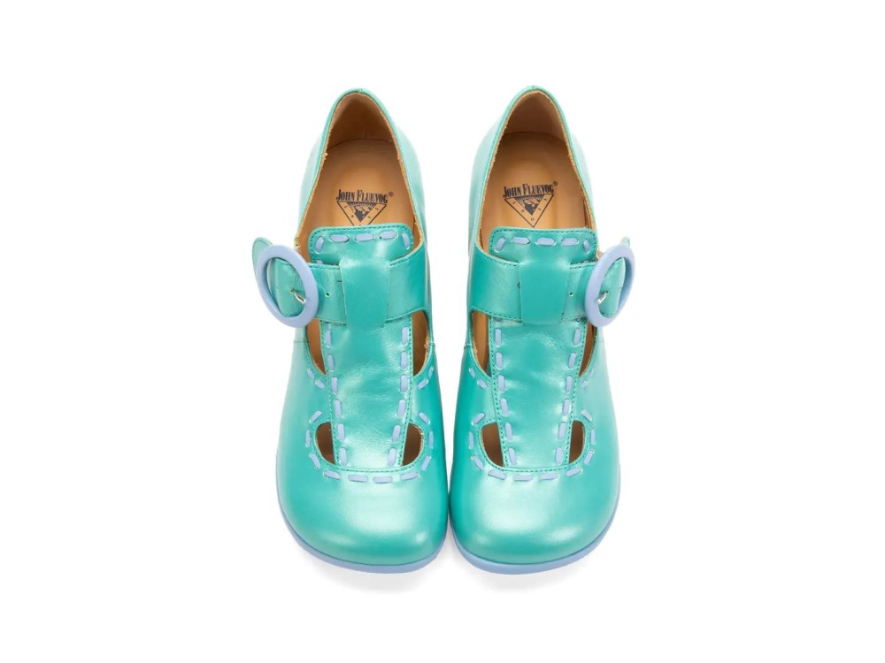 John Fluevog Lise - Green Iridescent | Vintage-Style T-Strap Heels