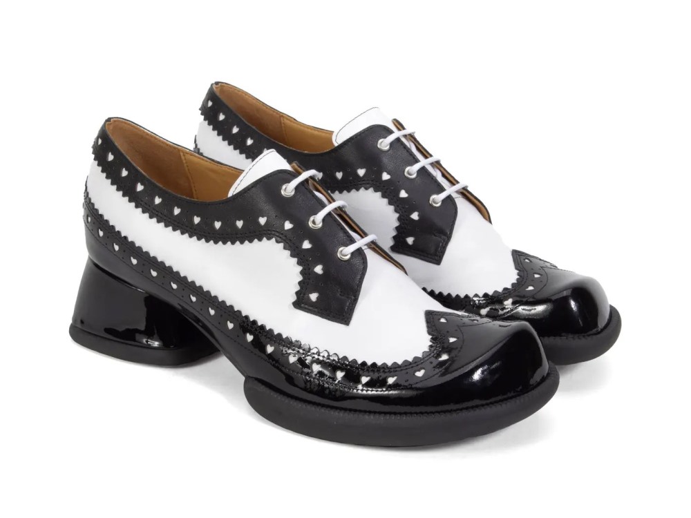 John Fluevog Rosamund - Black/White | Lace-Up Heels with Brogue Hearts