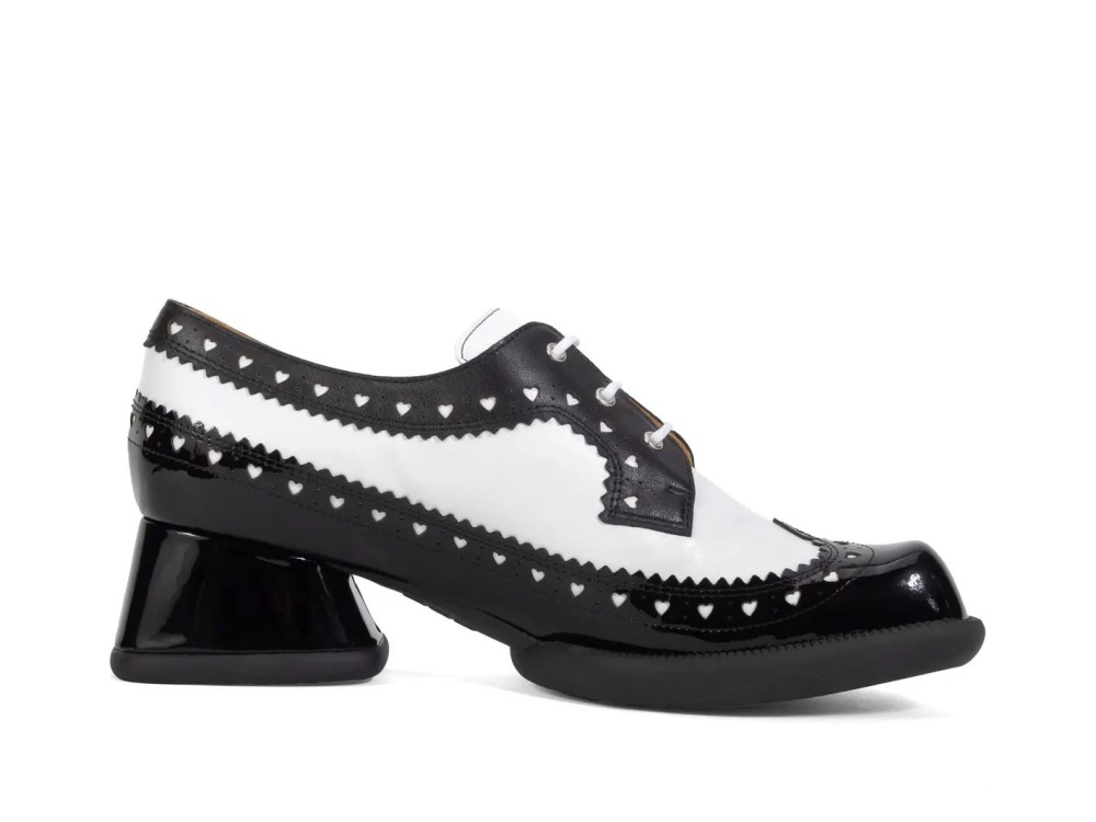 John Fluevog Rosamund - Black/White | Lace-Up Heels with Brogue Hearts