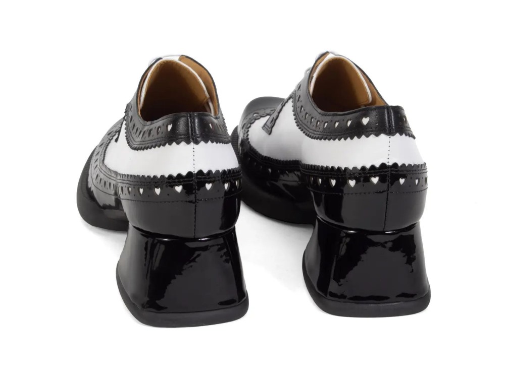 John Fluevog Rosamund - Black/White | Lace-Up Heels with Brogue Hearts