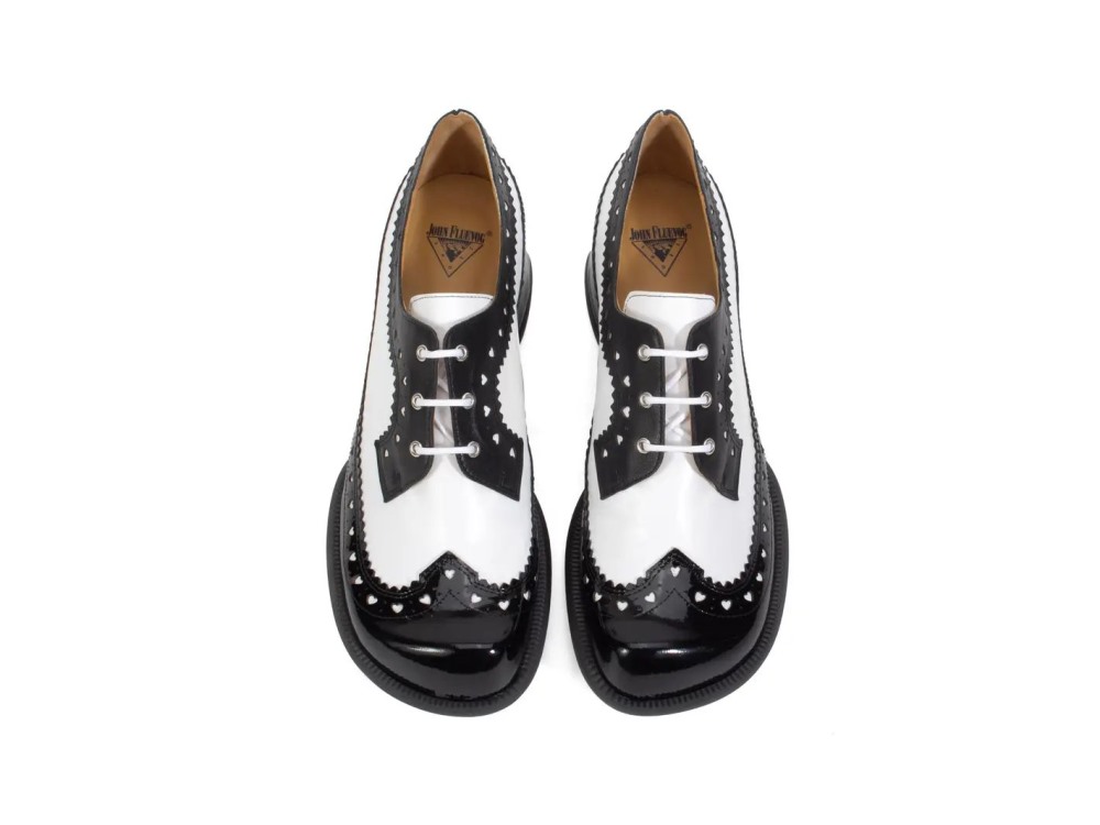 John Fluevog Rosamund - Black/White | Lace-Up Heels with Brogue Hearts